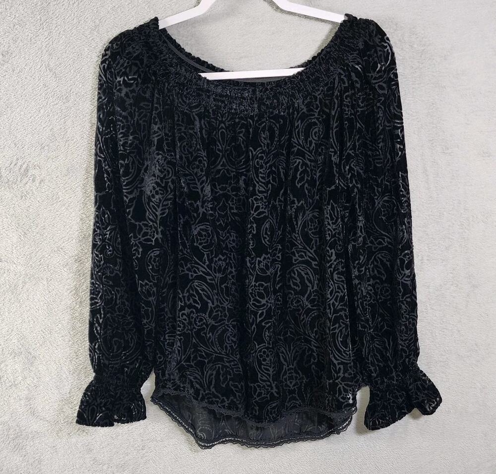 Knox Rose Velvet Burnout Top Black Off The Shoulder Shear Sleeves Womens Medium